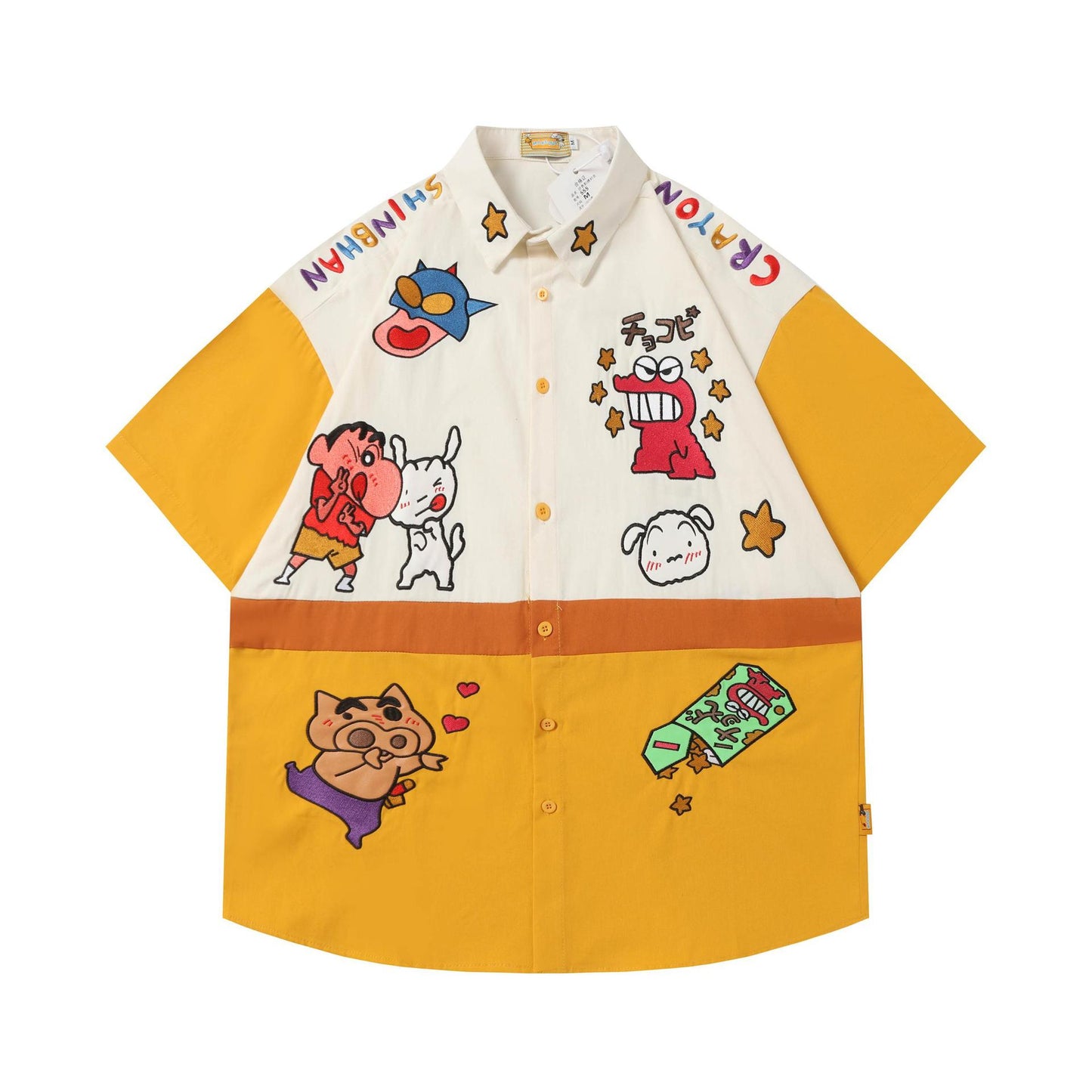 Japanese Cartoon Leather Patchwork Embroidered Short Sleeve Shirt Unisex Trendy Streetwear Couple Casual Tee | Patch Toon