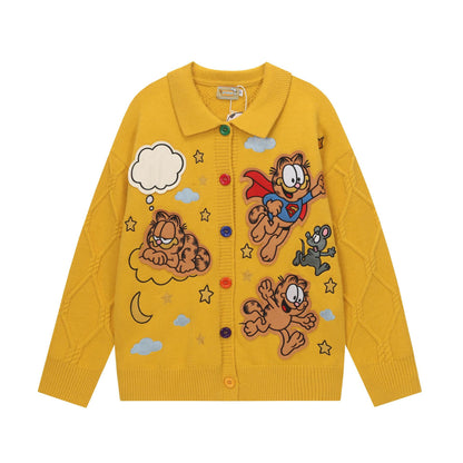 Hello Kitty Applique Embroidered Lapel Knit Sweater Unisex Loose Fit Retro Couple Knitwear Niche Streetwear | Kitty Knit