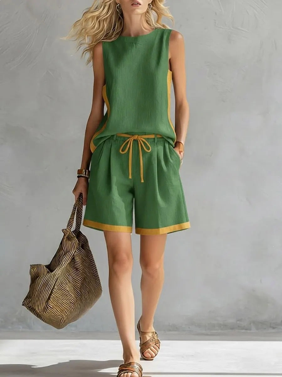 Women's Sleeveless Two Piece Shorts Set Casual Summer Outfit Drawstring Shorts Lounge Set Resort Wear Matching Set - Seldom Seen Styles