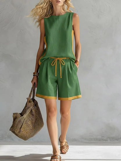 Women's Sleeveless Two Piece Shorts Set Casual Summer Outfit Drawstring Shorts Lounge Set Resort Wear Matching Set