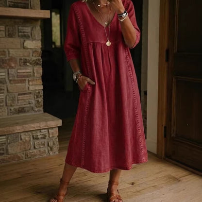 Women's V-Neck Lace Trim Linen Cotton Dress Loose Casual Summer Beach Vacation Dress