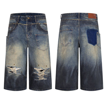 Street Hip-Hop Heavy Wash Ripped Denim Shorts Distressed Retro Cropped Jeans Casual Summer Streetwear Shorts | Grunge Denim