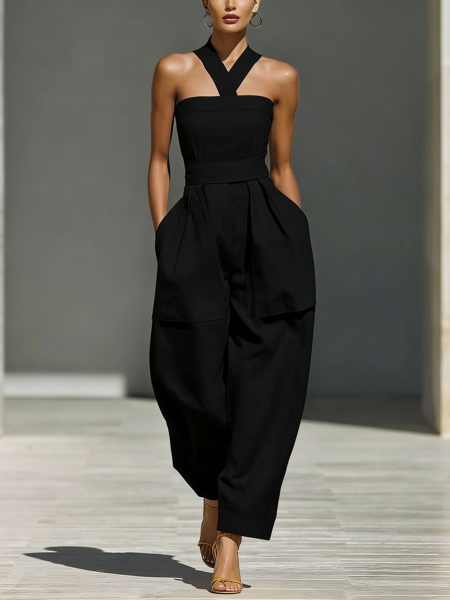 Women's Linen Blend Cross Halter Neck Loose Jumpsuit Casual Summer Vacation Outfit - Seldom Seen Styles