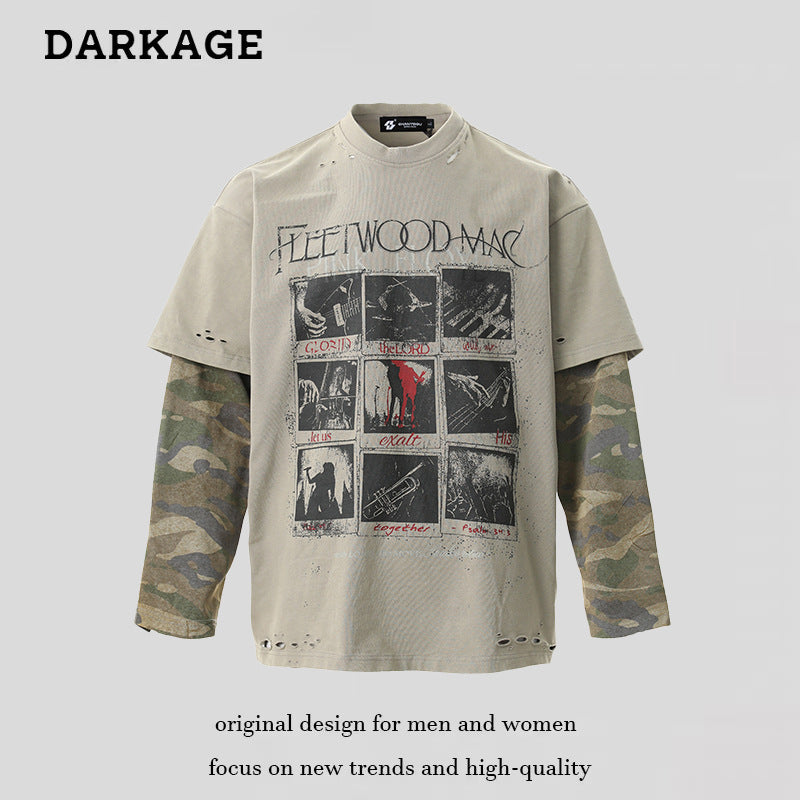DARKAGE Fleetwood Mac Distressed Camo Layered Long-Sleeve Tee