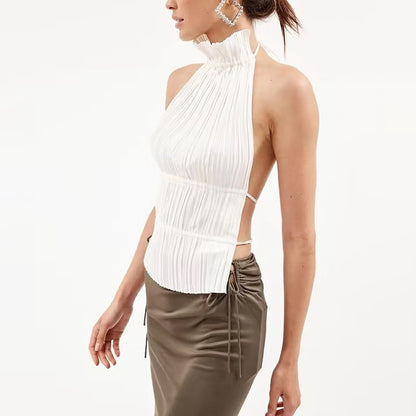 Haut court sans manches et dos nu à lacets, col roulé, en dentelle, pour femme, style printemps, sexy, doux et épicé.