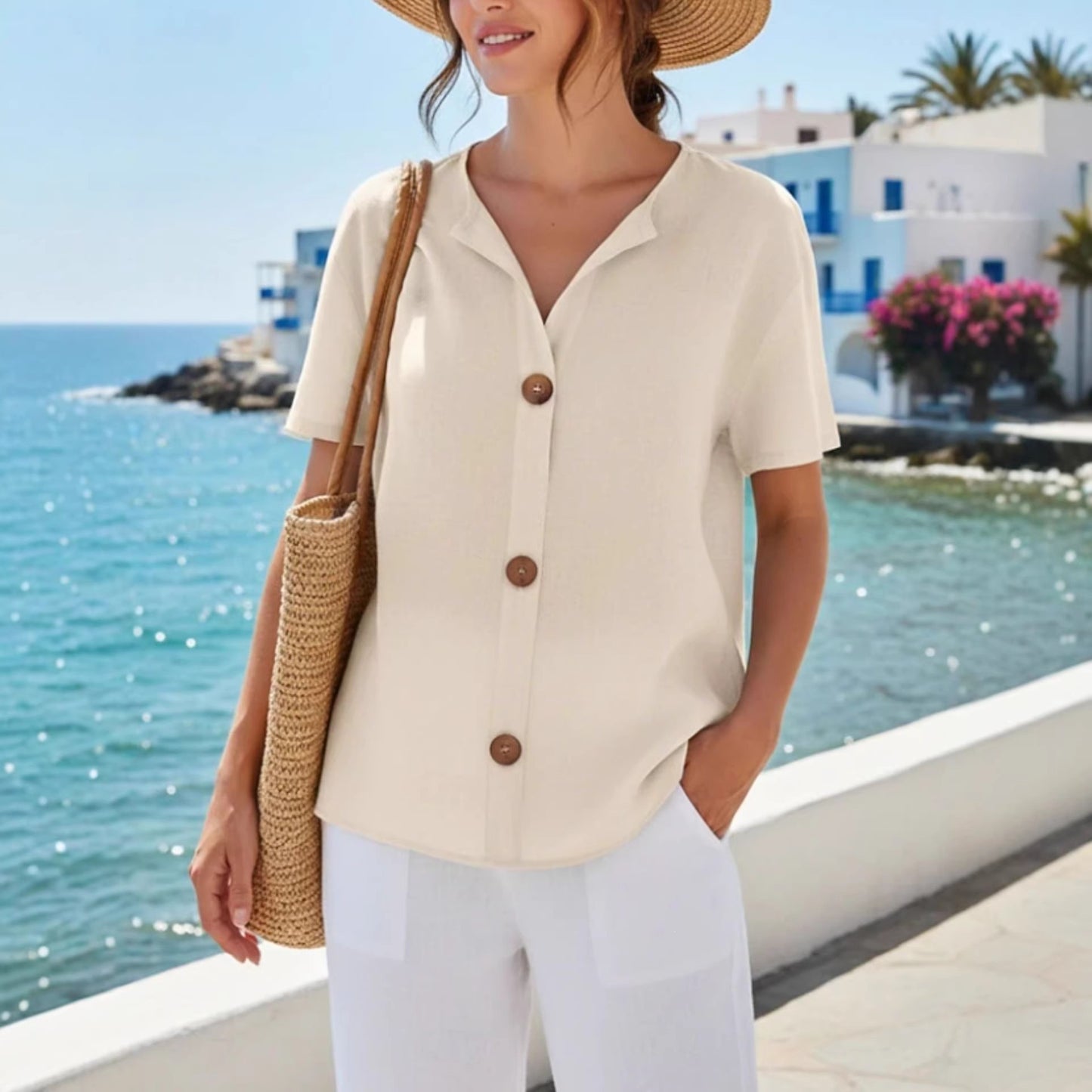 Women's Loose Casual Short Sleeve V-Neck Top Solid Color Summer Vacation Outfit - Seldom Seen Styles