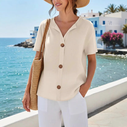 Women's Loose Casual Short Sleeve V-Neck Top Solid Color Summer Vacation Outfit