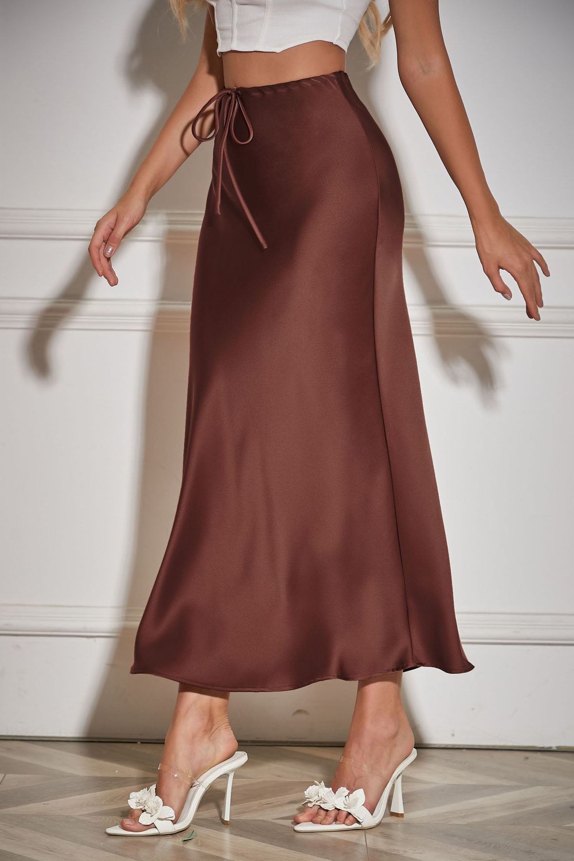 Satin High-Waisted Drawstring Belt Solid Color Midi Skirt - Seldom Seen Styles