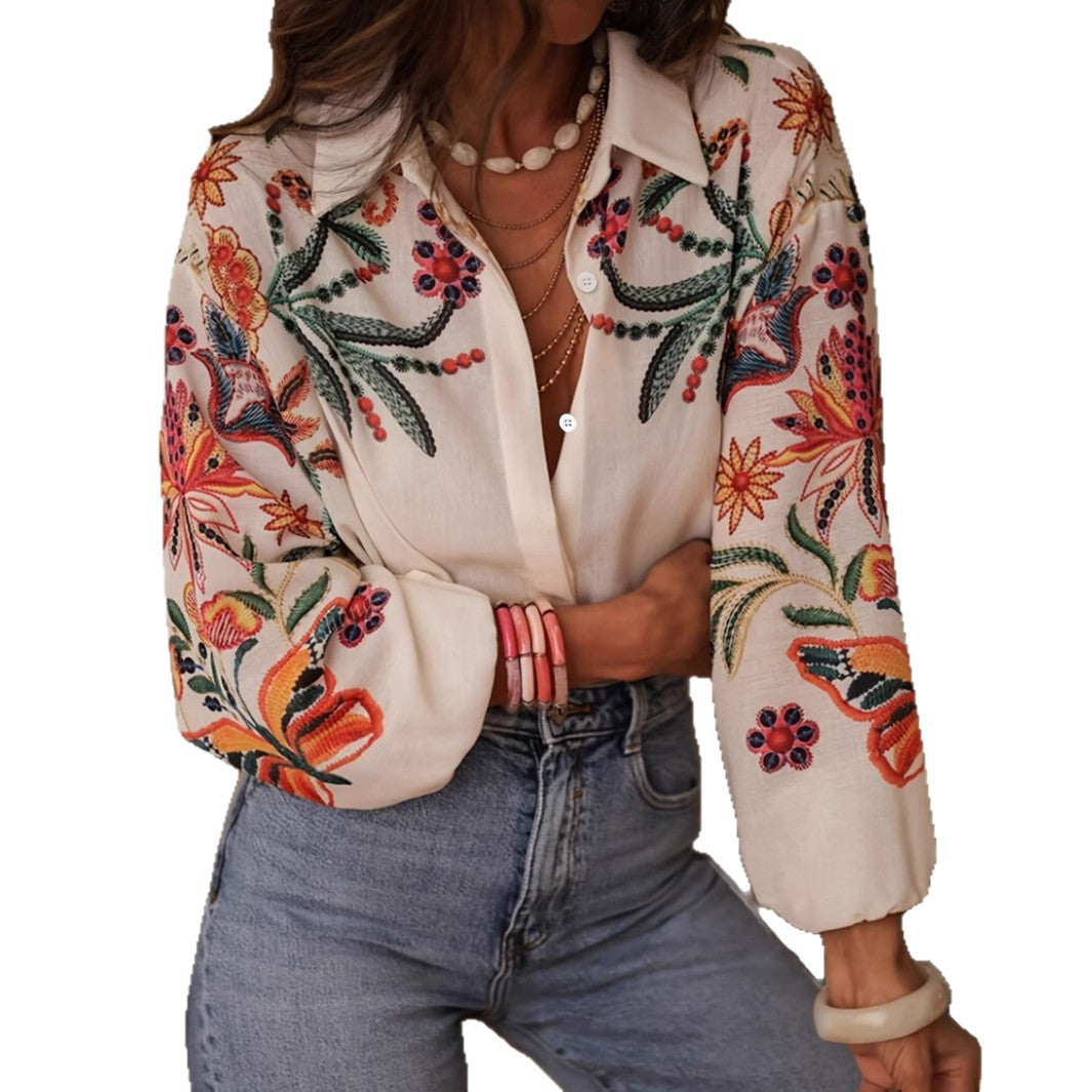Women's clothing new loose long-sleeved digital printing shirt top - Seldom Seen Styles