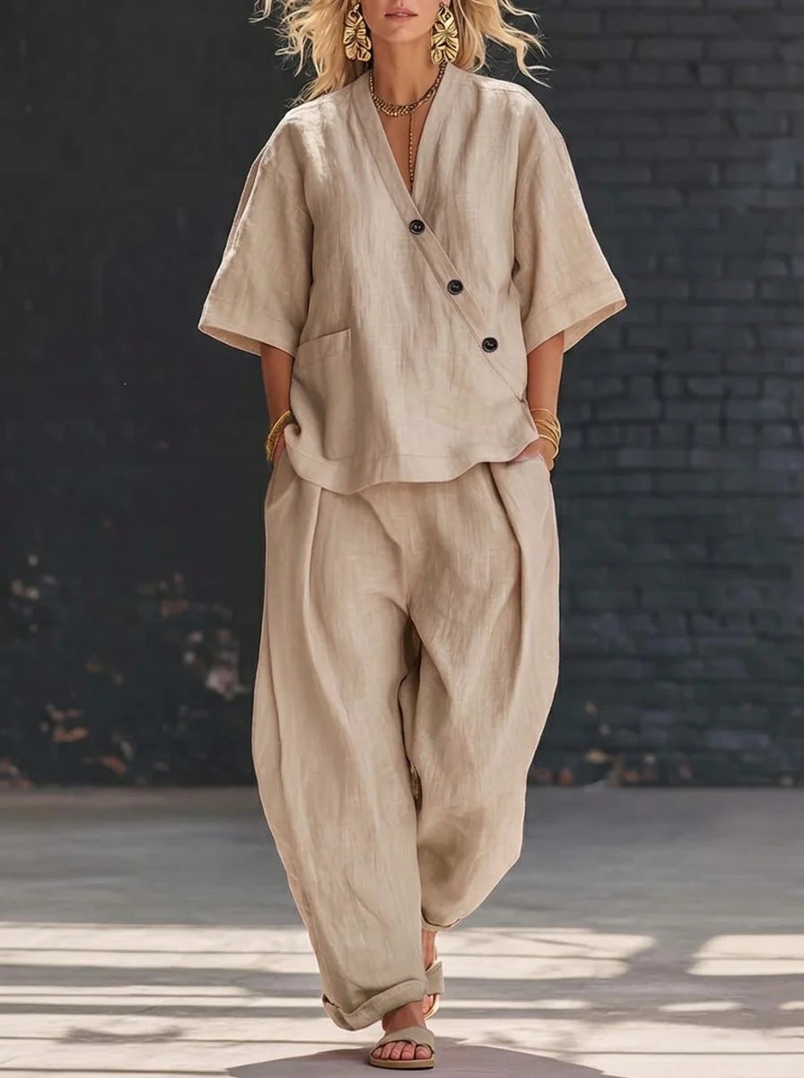 Women's V Neck Loose Short Sleeve Top High Waist Wide Leg Pants Two Piece Set Summer Casual Outfit - Seldom Seen Styles