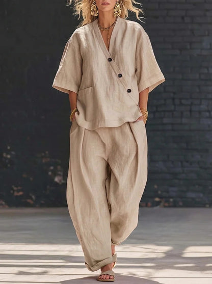 Women's V Neck Loose Short Sleeve Top High Waist Wide Leg Pants Two Piece Set Summer Casual Outfit