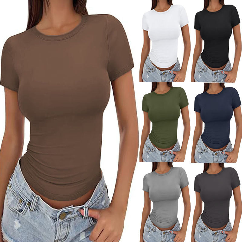 Women's Fitted Crew Neck T Shirt Slim Fit Short Sleeve Basic Tee Stretch Casual Summer Top