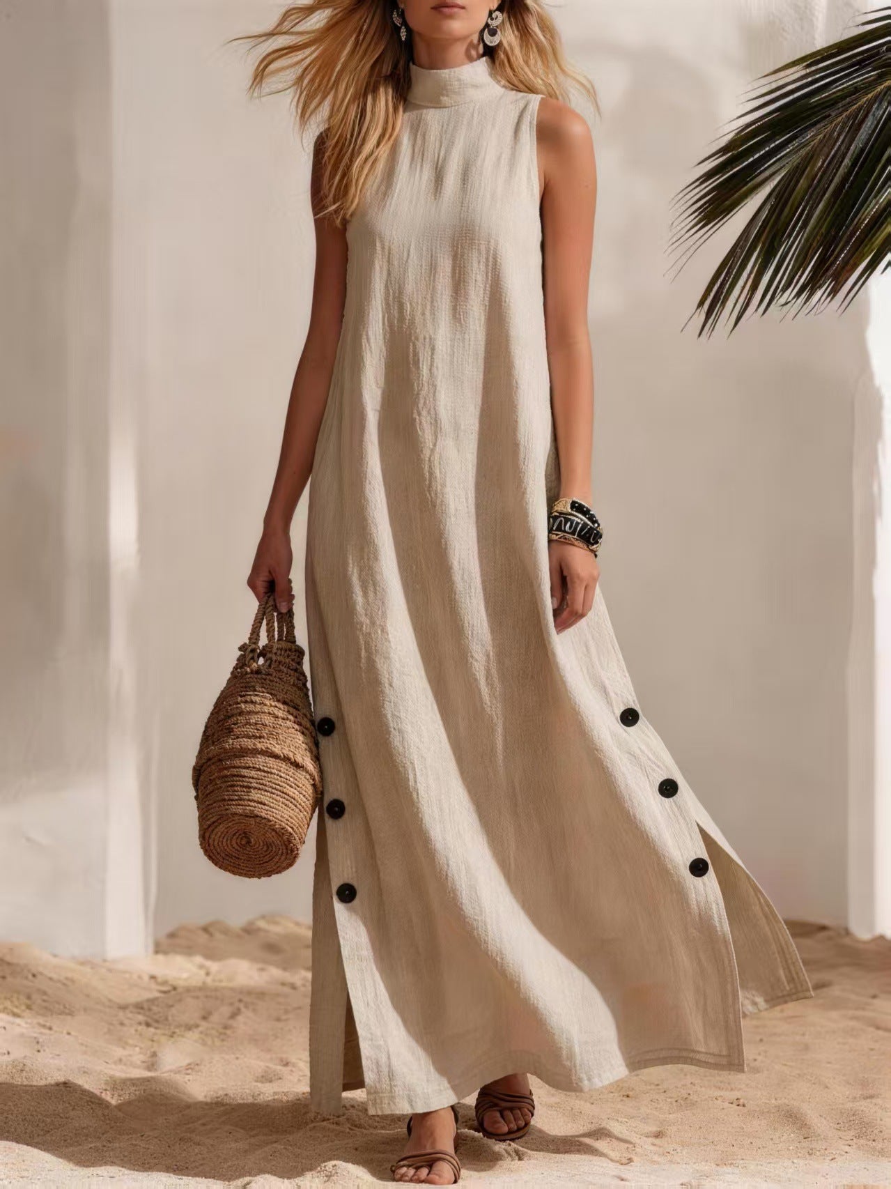Women's Linen Maxi Dress Sleeveless Side Slit Beach Vacation Dress - Seldom Seen Styles