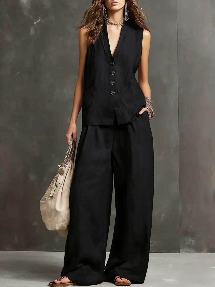 Women's Sleeveless Vest Wide Leg Pants Linen Two Piece Set Summer Casual Vacation Outfit - Seldom Seen Styles