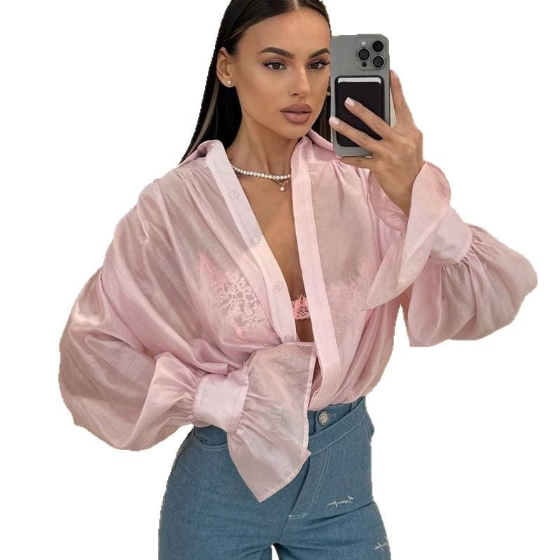 Women's summer new sweet and fresh loose lapel lantern sleeve long sleeve shirt women's top - Seldom Seen Styles