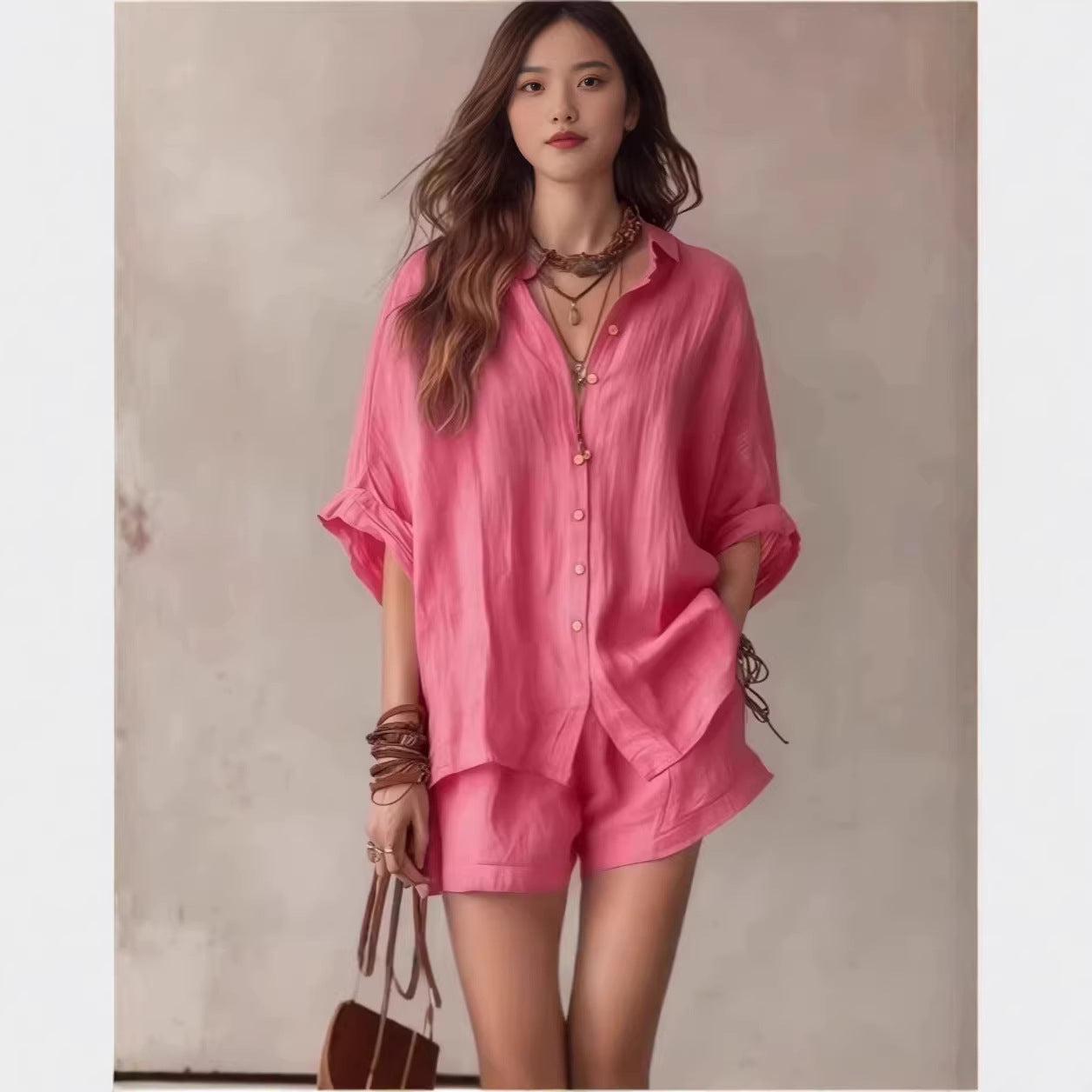 Women's Solid Color Loose Button Shirt Shorts Two Piece Set Casual Summer Outfit Fashion Suit - Seldom Seen Styles