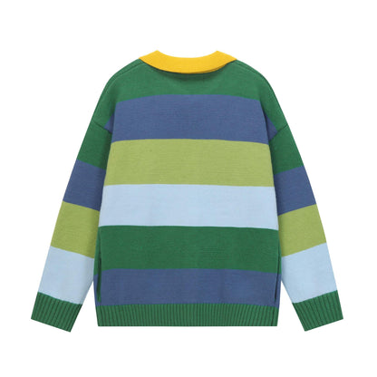 Cartoon Embroidery Colorful Striped Knit Cardigan Loose Fit Couple Casual Japanese Style Sweater Jacket | Stripe Toon Cardigan