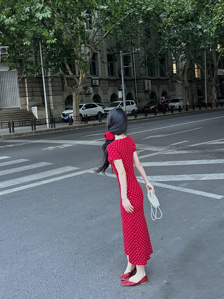 New solid color red polka dot elastic slim white drawstring design V-neck short-sleeved dress long dress women - Seldom Seen Styles