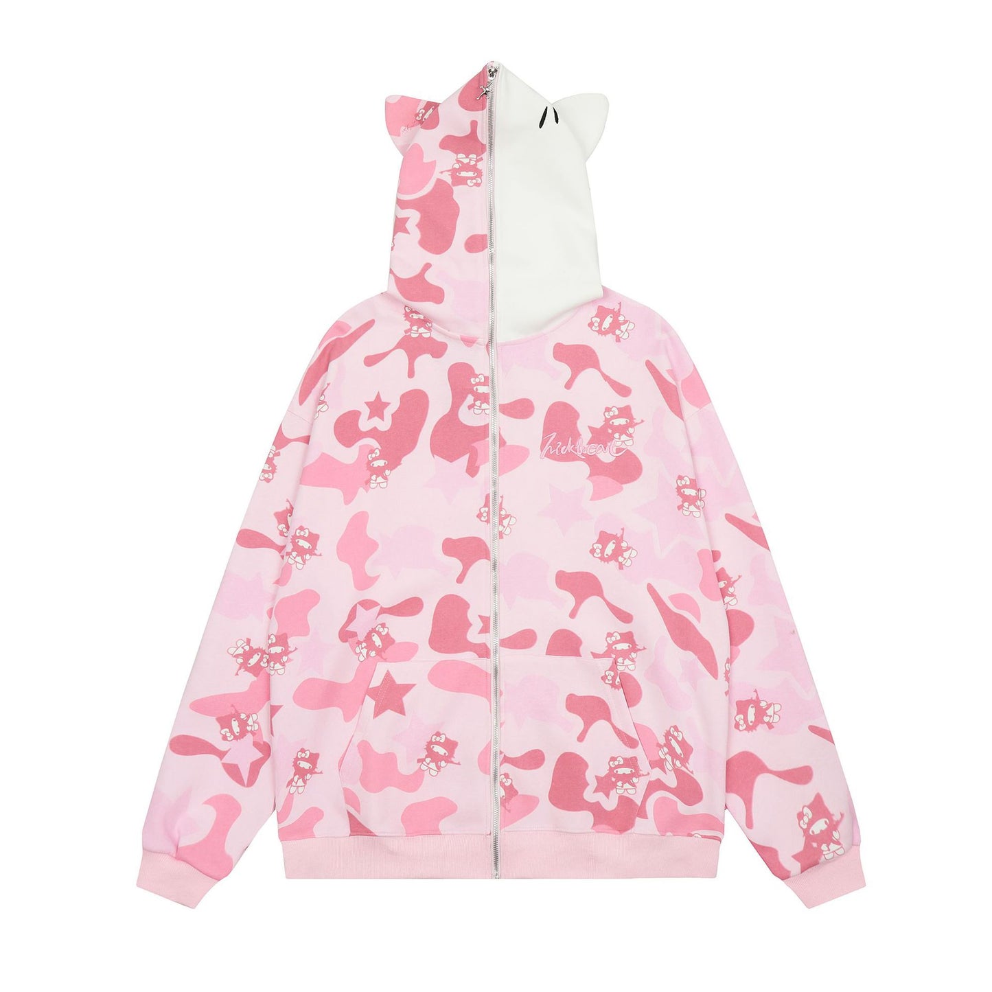Women's American Original Hello Kitty Ear Camo Print Hooded Zip Cardigan Sweater Jacket Cute Casual | Kitty Camo Hood