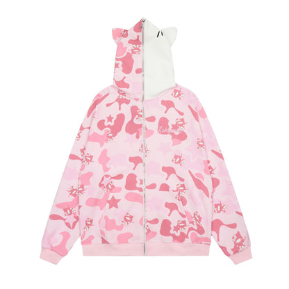 Women's American Original Hello Kitty Ear Camo Print Hooded Zip Cardigan Sweater Jacket Cute Casual | Kitty Camo Hood