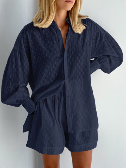 Women's Jacquard Bubble Sleeve Shirt Shorts Two-Piece Set Casual Commuter Chic Summer Outfit