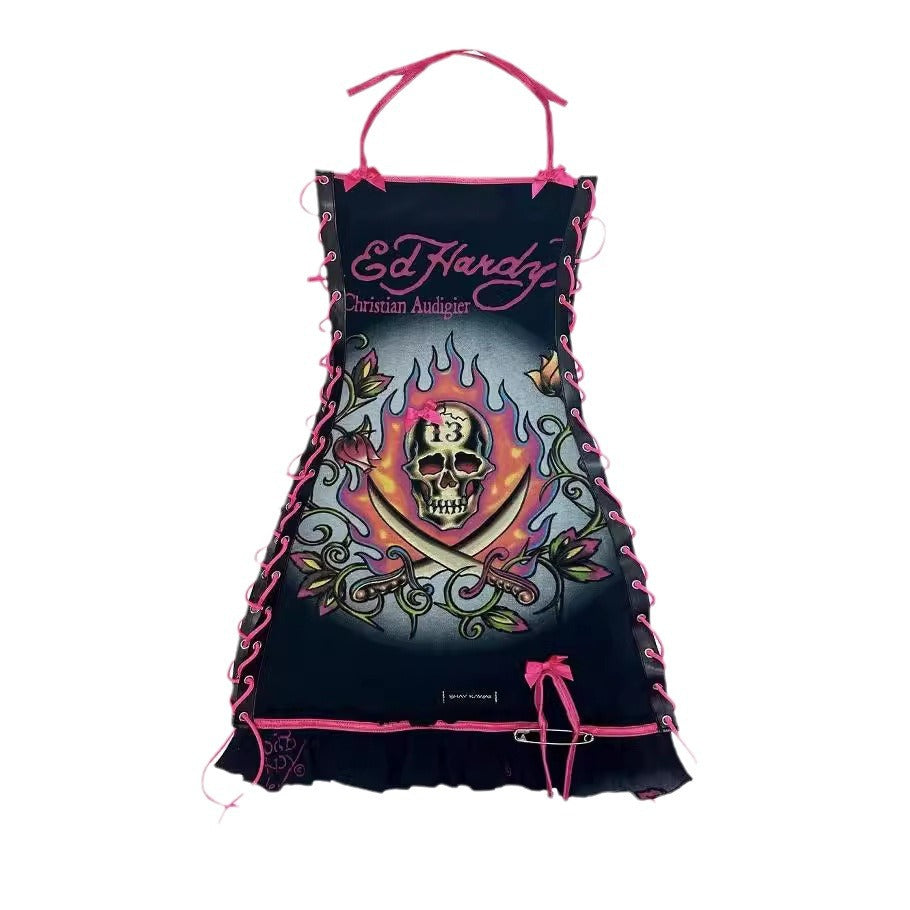 Fashion Retro Halloween Skull Positioning Printing Tops - Seldom Seen Styles