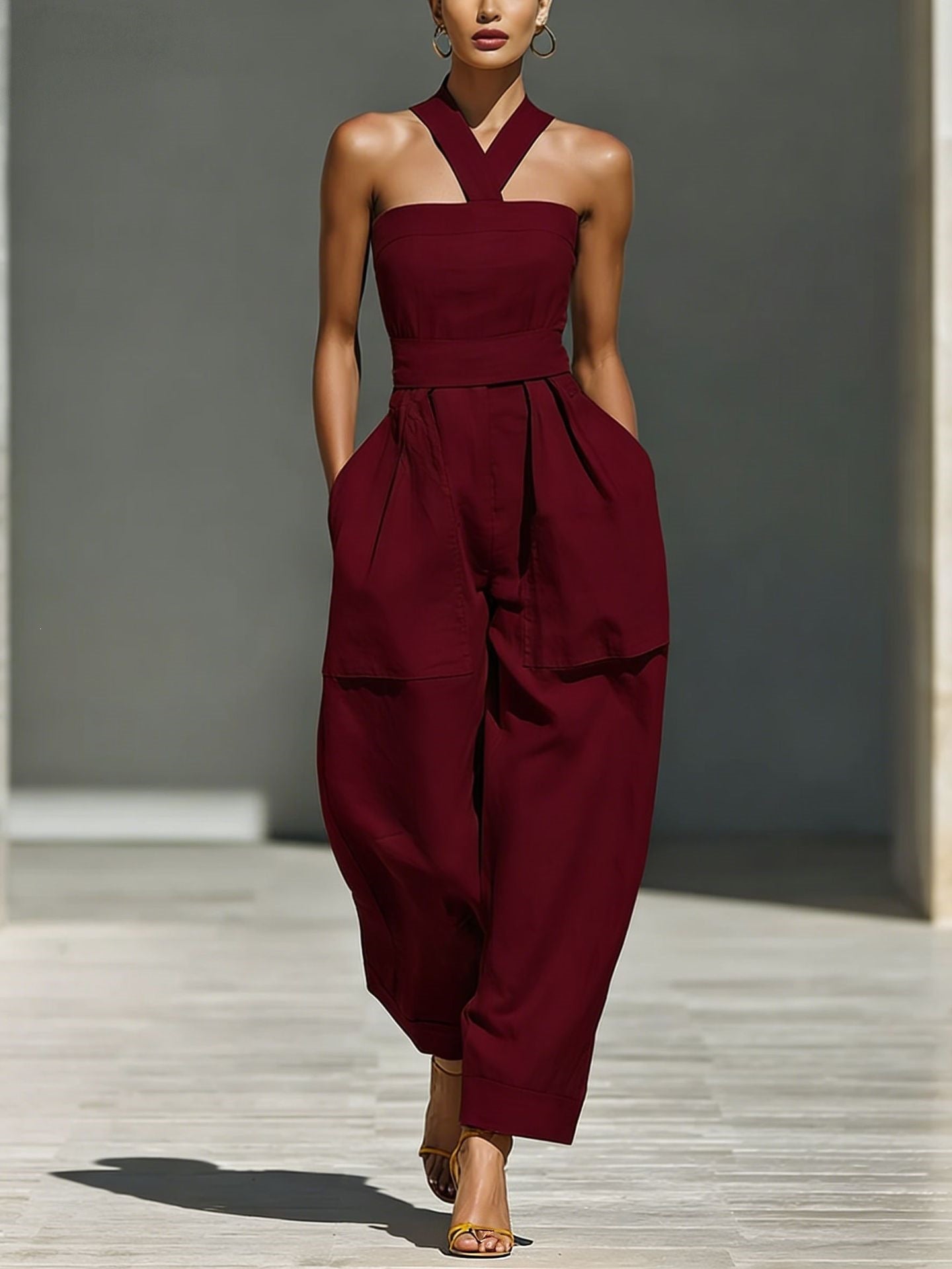 Women's Linen Blend Cross Halter Neck Loose Jumpsuit Casual Summer Vacation Outfit - Seldom Seen Styles