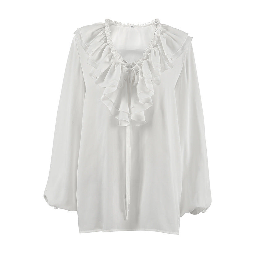 Women's Ruffle Chiffon Blouse Deep V Neck Lantern Sleeve Elegant White Shirt - Seldom Seen Styles