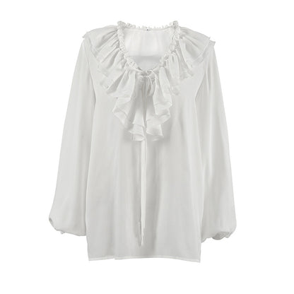 Women's Ruffle Chiffon Blouse Deep V Neck Lantern Sleeve Elegant White Shirt