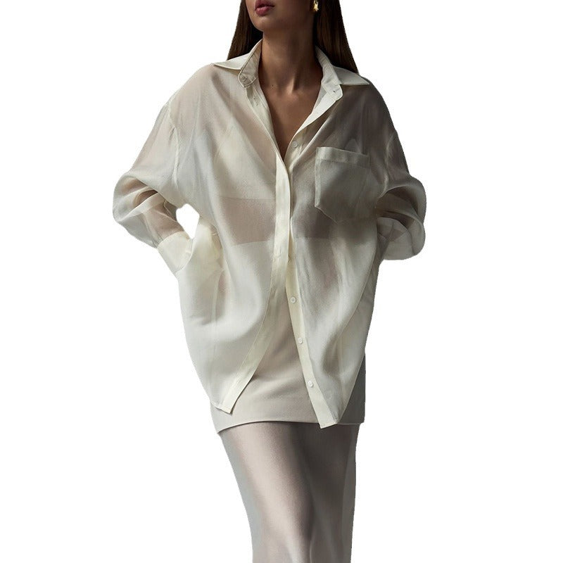 Summer new mercerized mesh lapel long-sleeved shirt high waist splicing skirt two-piece set - Seldom Seen Styles