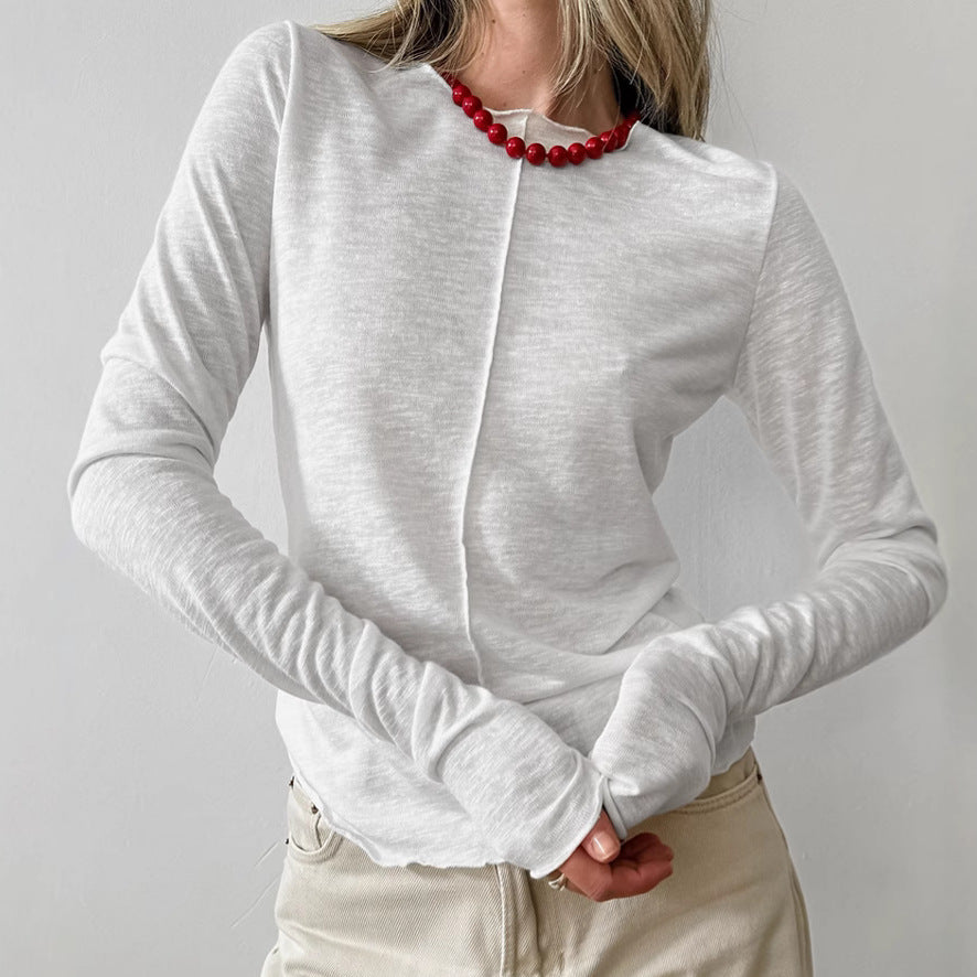 Autumn and awinter crew neck knitted bottoming shirt women's simple fashion splicing inside with white long-sleeved top women's clothing - Seldom Seen Styles