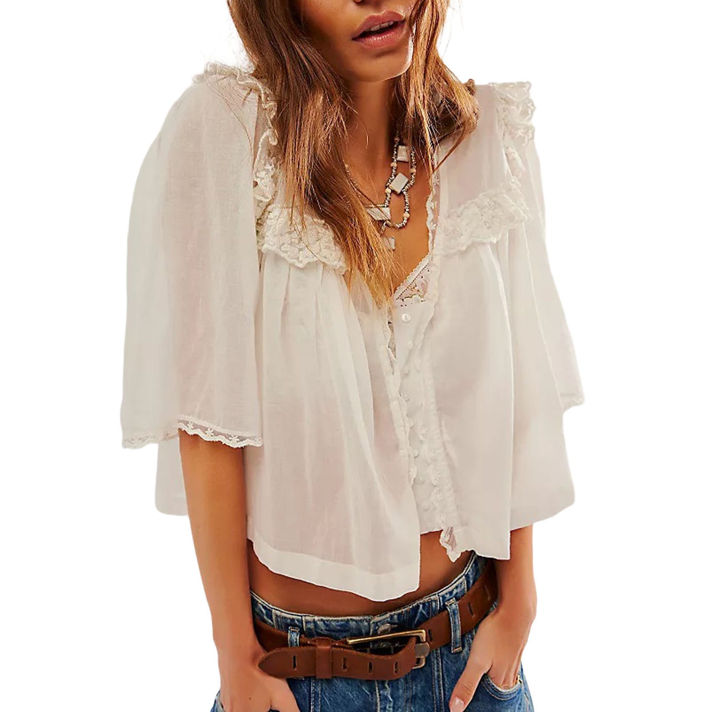 Lace collar chiffon solid color loose fashion lace pleated top women - Seldom Seen Styles