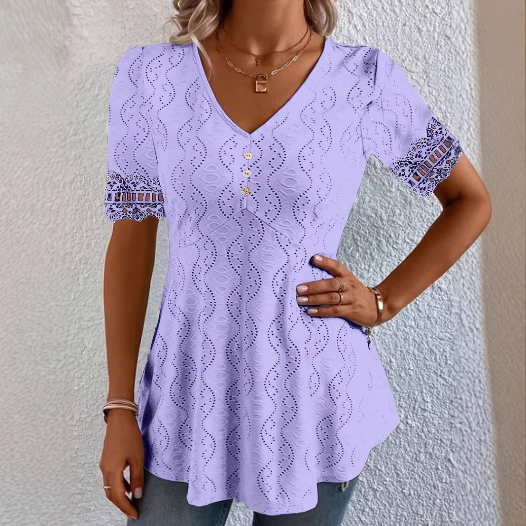 Women's V Neck Eyelet Lace Blouse Short Sleeve Tunic Top Casual Summer Shirt Boho Crochet Trim Top - Seldom Seen Styles