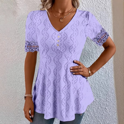 Women's V Neck Eyelet Lace Blouse Short Sleeve Tunic Top Casual Summer Shirt Boho Crochet Trim Top