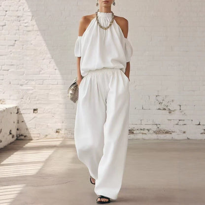 Women's Off Shoulder Top High Waist Wide Leg Pants Casual Two Piece Set Summer Vacation Outfit