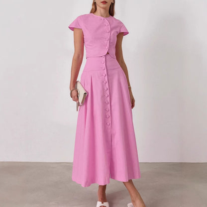 Women's Pink Two Piece Skirt Set Elegant Crop Top and High Waist Maxi Skirt Outfit