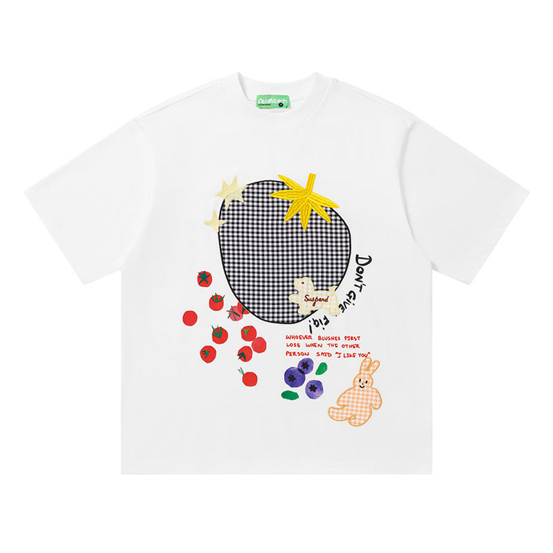 Crew Neck Short Sleeve Patch Embroidered Graphic Print T-Shirt Loose Oversized Casual Streetwear Summer Top | Berry Star