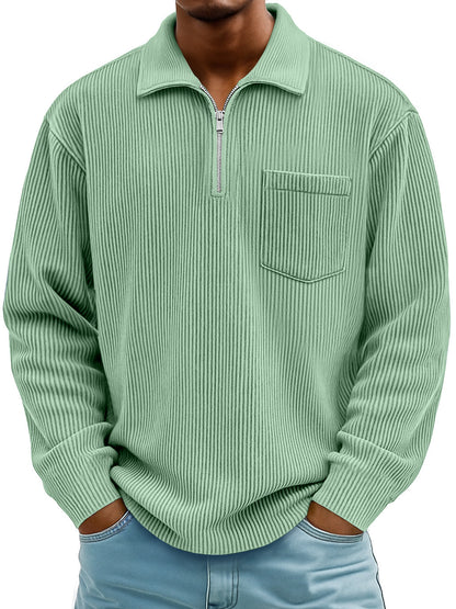 Men's Ribbed Quarter Zip Pullover Sweater Casual Long Sleeve Knit Polo Sweatshirt with Pocket