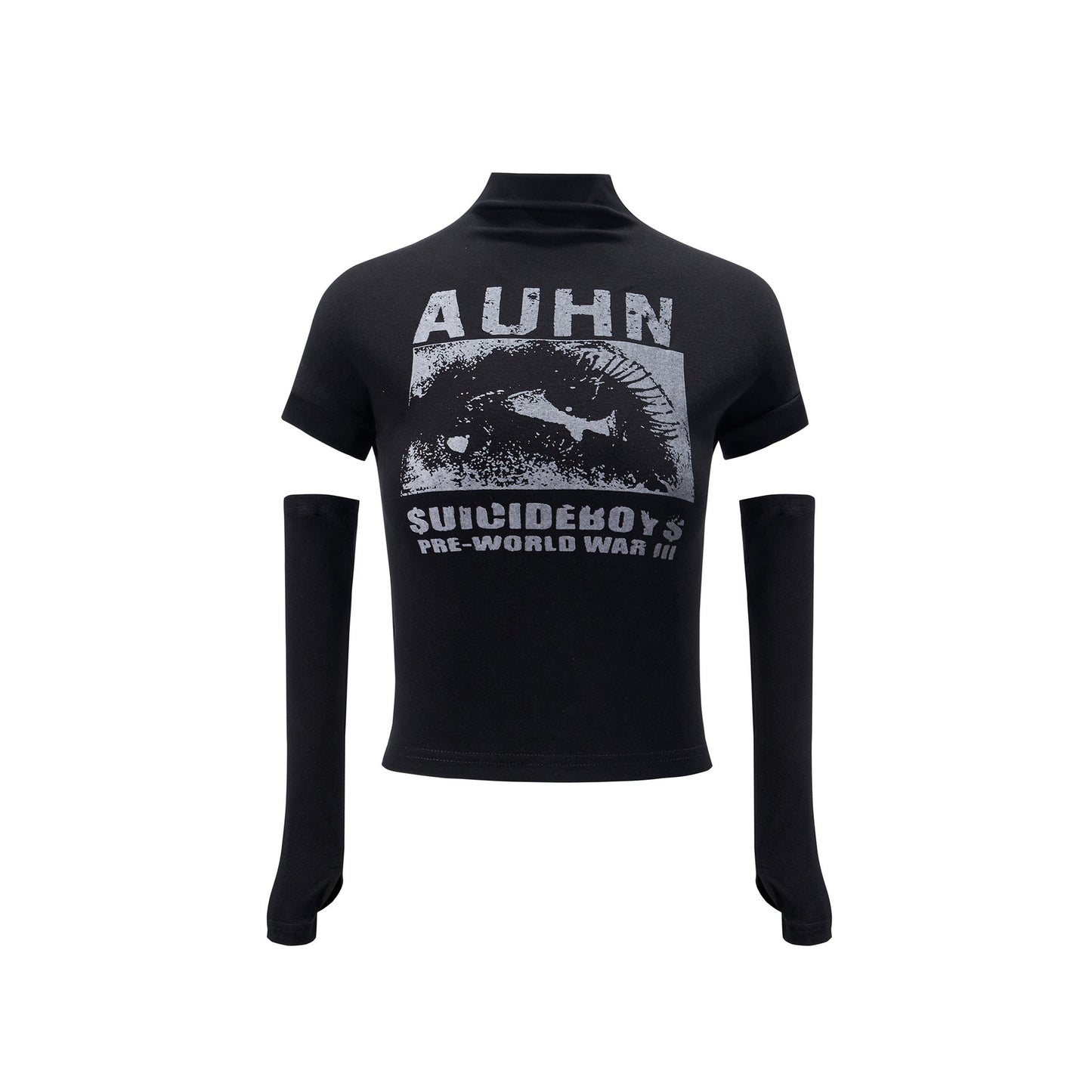 Women's Graphic Crop Top Y2K Slim Fit Mock Neck Streetwear Short Sleeve Tee with Arm Warmers - Seldom Seen Styles