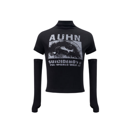 Women's Graphic Crop Top Y2K Slim Fit Mock Neck Streetwear Short Sleeve Tee with Arm Warmers
