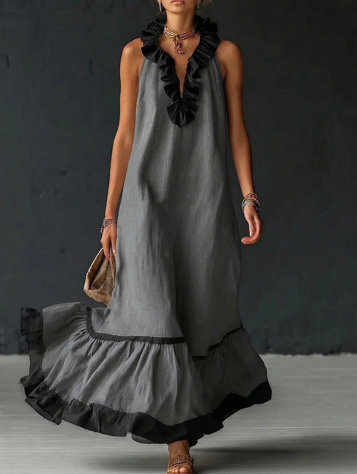 Women's Sleeveless V-Neck Ruffle Maxi Dress Loose Casual Summer Beach Vacation Long Vest Dress - Seldom Seen Styles
