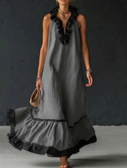 Women's Sleeveless V-Neck Ruffle Maxi Dress Loose Casual Summer Beach Vacation Long Vest Dress