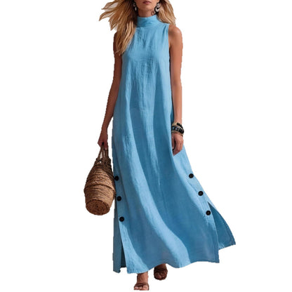 Women's Linen Maxi Dress Sleeveless Side Slit Beach Vacation Dress