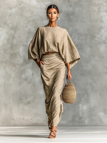 Women's Linen Blend Batwing Sleeve Top and Maxi Skirt Set Elegant Two Piece Matching Outfit