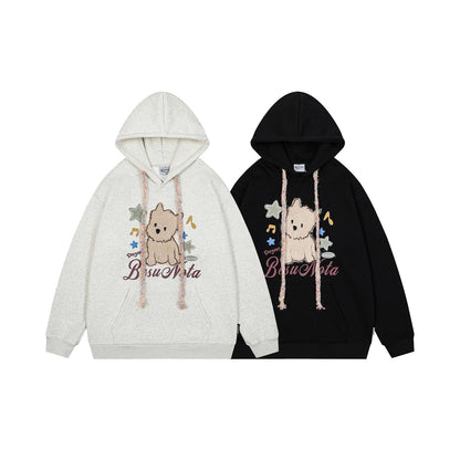 Fluffy Puppy Embroidered Fleece Hoodie Loose Fit Lazy Style Couple Casual High Street Streetwear Pullover | Fluffy Pup Hoodie