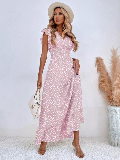 Women's Floral Maxi Dress V Neck Ruffle Sleeve Elegant Summer Dress