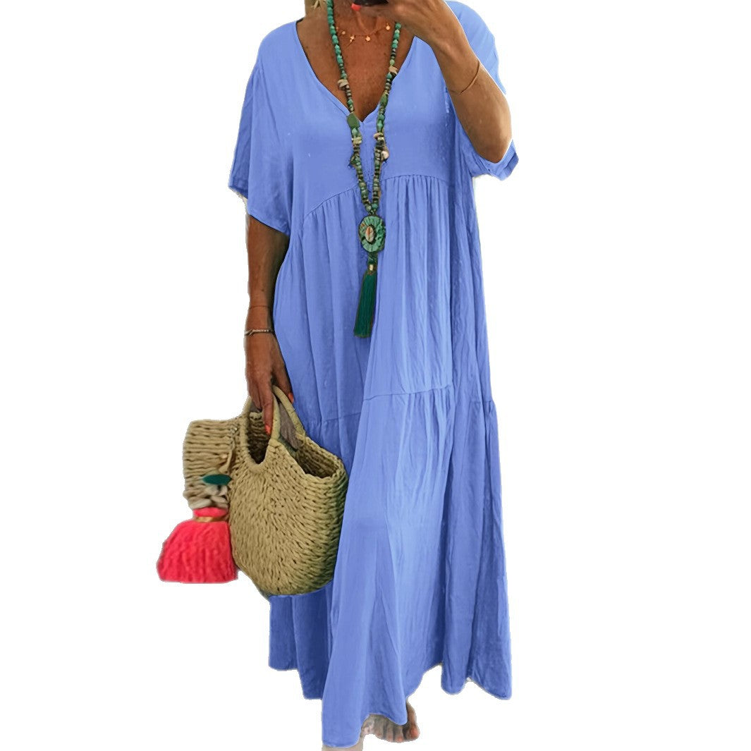 Women's Solid Color Loose V-Neck Short Sleeve Big Swing Maxi Dress Summer Casual Vacation Outfit Plus Size - Seldom Seen Styles