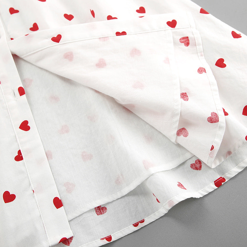 Women's Heart Print Puff Sleeve Mini Dress Button Down A Line Cute Summer Dress - Seldom Seen Styles