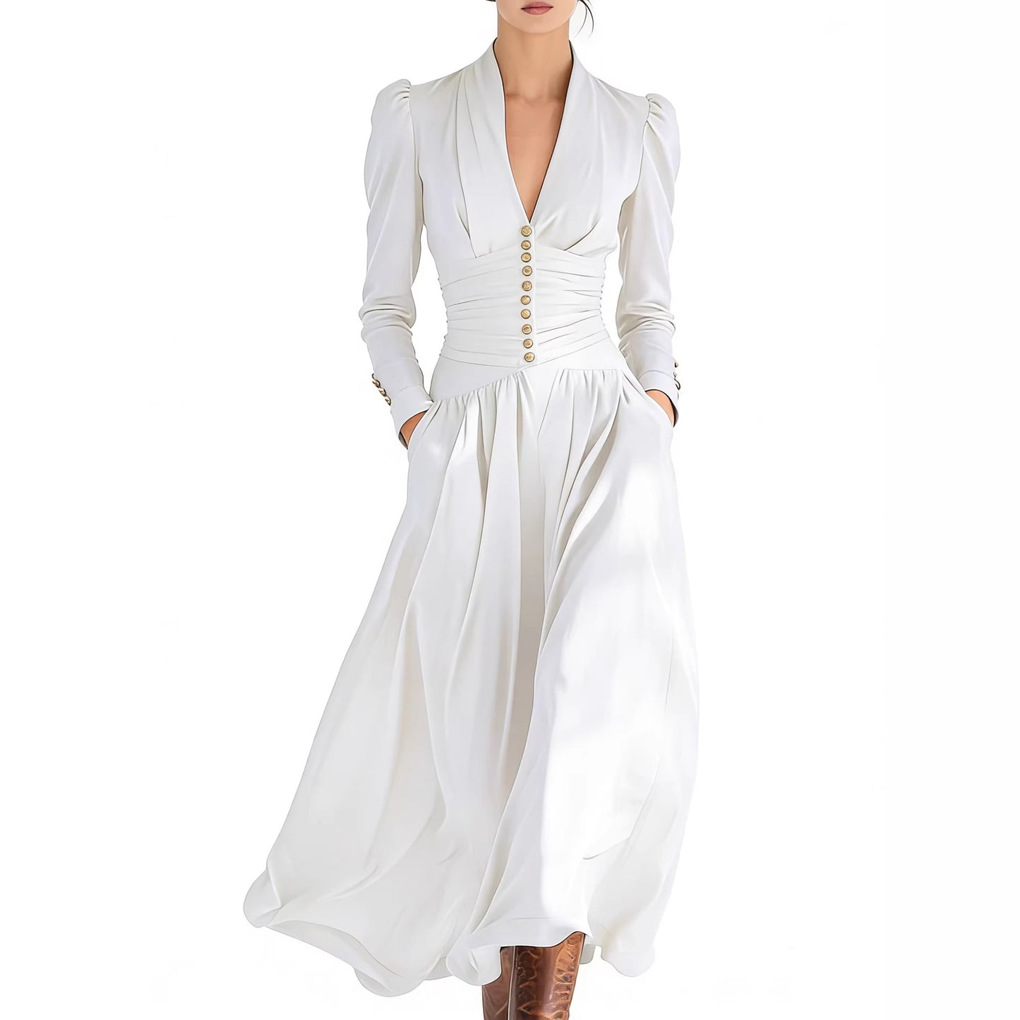 Women's V-Neck Bubble Sleeve Long Sleeve Big Swing Maxi Dress Elegant Waist Fall Winter Casual Dress Plus Size - Seldom Seen Styles