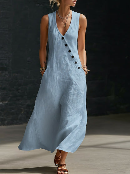 Women's V-Neck Cotton Linen Sleeveless Vest Maxi Dress Casual Summer Beach Vacation Boho Outfit